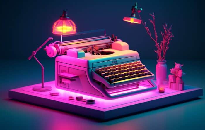a typewriter in a neon isometric style