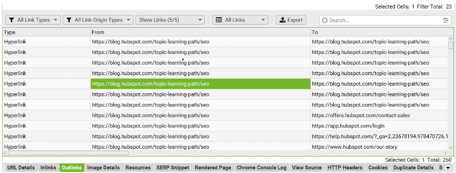 Example on outlinks data in Screaming Frog