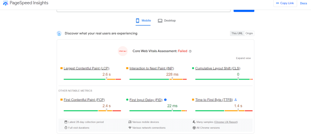 Example of page speed and mobile friendliness analysis using Google’s PageSpeed Insights tool